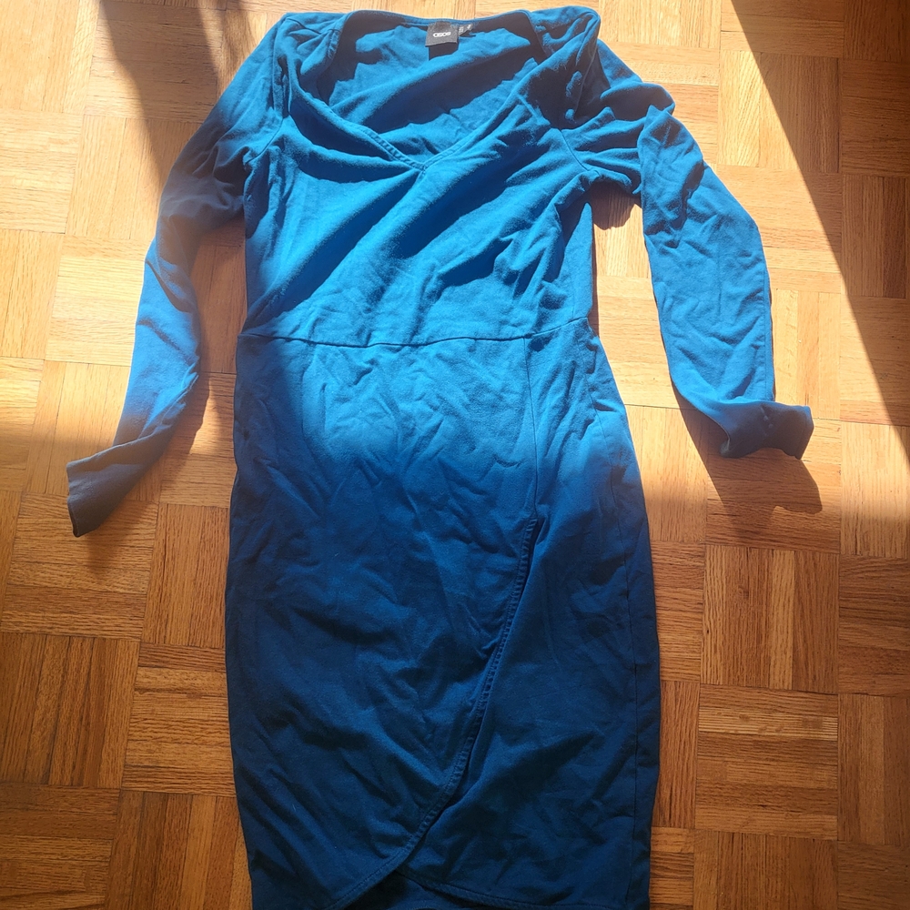 Warehouse Teal-Blue Long Sleeve Wrap-Front Sheath Dress